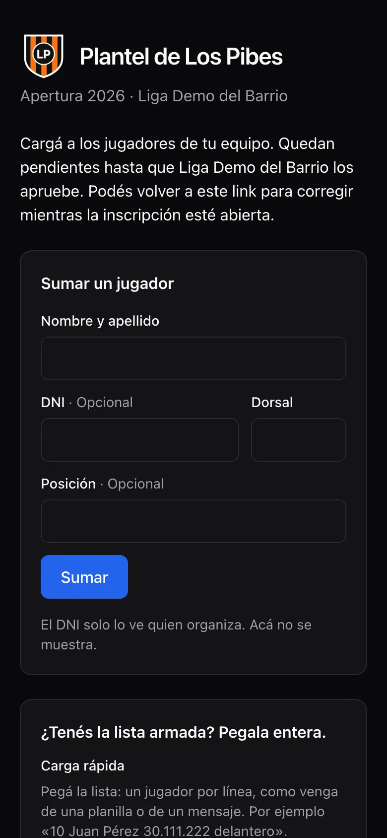El link del delegado de Los Pibes, con el formulario para sumar jugadores