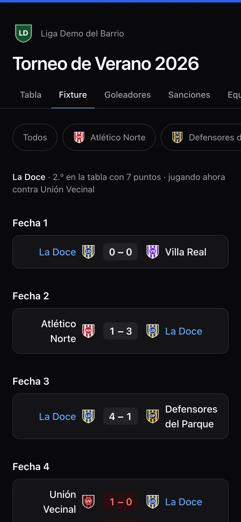 El fixture de La Doce en la página pública