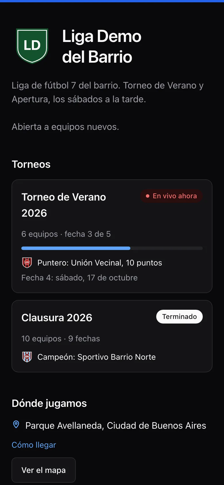 La página de la liga con sus torneos